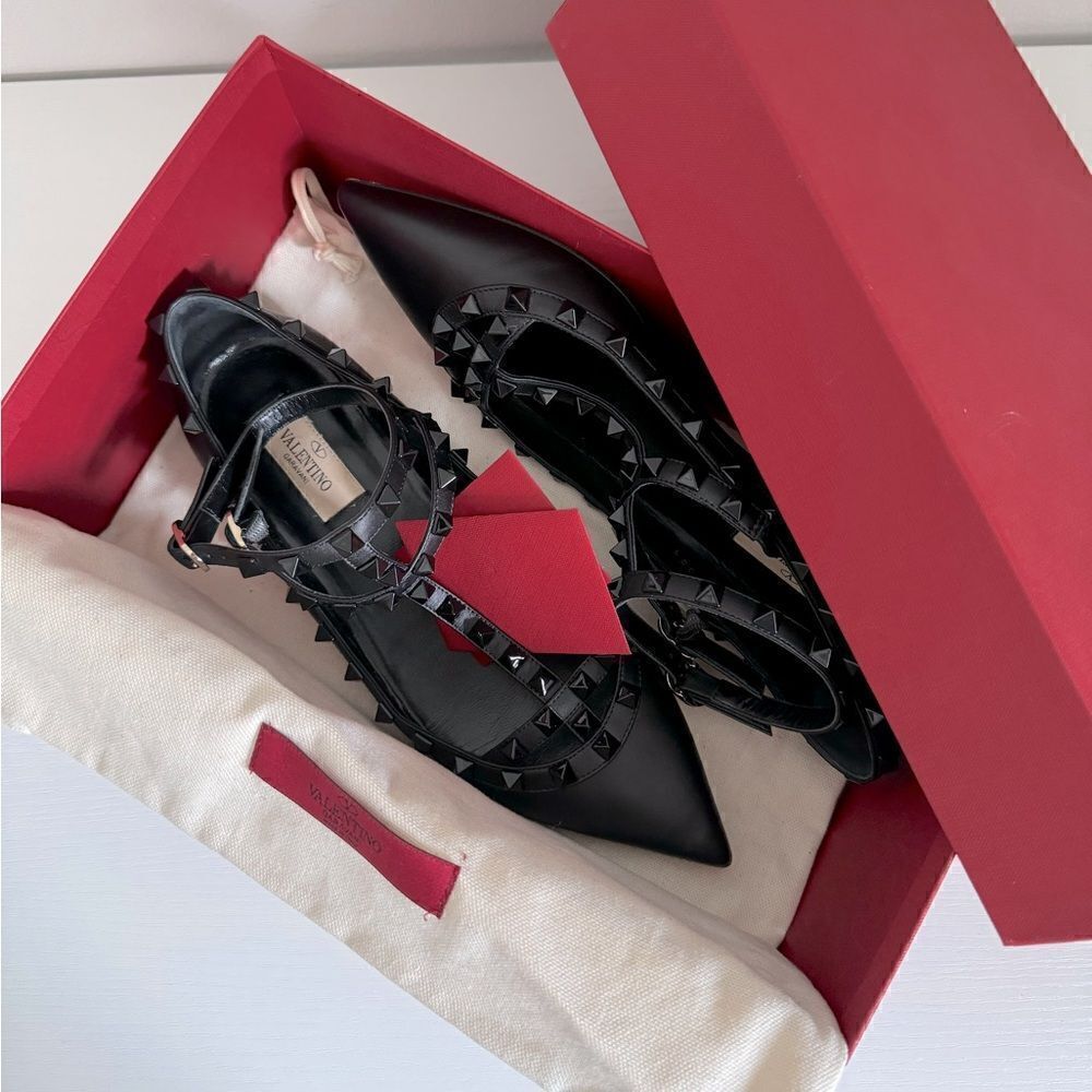 ⭕️ VALENTINO Rockstud Pointed Toe Ballet Flats Black 38.5 - Picture 7 of 8
